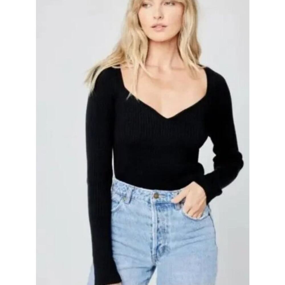 L Space Camryn Black Ribbed Long Sleeve Knit Top size XS